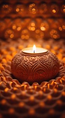 illuminated clay diya with intricate patterns to celebrate Diwali