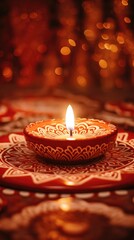 illuminated clay diya with intricate patterns to celebrate Diwali
