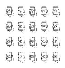 Smartphone on hand. Thin icons of mobile phone functions, settings and applications. Set of vector linear icons for smartphones.