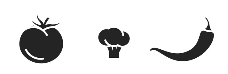 tomato, hot chili pepper and broccoli icons. vegetable, organic food and agriculture symbols