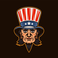 Uncle Sam head vector, man in cylinder hat with goatee beard. Illustration in colored style on dark background