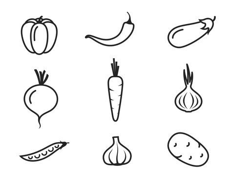 vegetable line icon set. eggplant, bell pepper, hot chili pepper, carrots, beetroot, onion, garlic, potato and peas