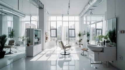 White beauty salon with panoramic windows. Generative AI technology.