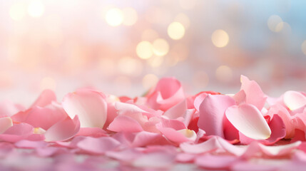 Photo with pink rose petals with and dreamy defocus background - obrazy, fototapety, plakaty