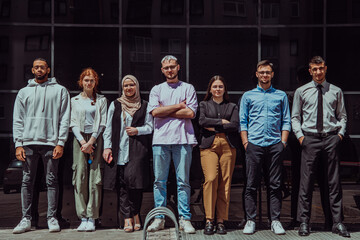 A diverse and confident group of young businessmen poses together, radiating success, ambition, and unity, capturing the essence of a dynamic and inspiring business environment