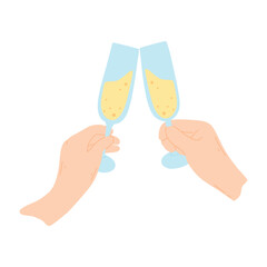 Glass of champagne in hand. Vector illustration. Champagne in hand in flat style.