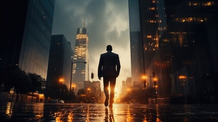 A business man is walking along street at business zone of the city 