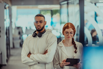 In a modern office African American young businessman and his businesswoman colleague, with her striking orange hair, engage in collaborative problem-solving sessions