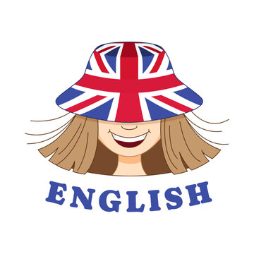 A girl wearing a panama with a picture of the British flag. Logo concept for English language learning school, online courses.