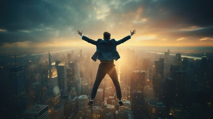 Fototapeta na wymiar successful businessman jump happily over his office in the morning sunrise. 