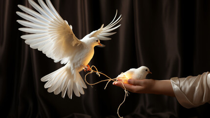Generative AI, children's hand holds a Christmas tree toy in the shape of a white dove, new year, peace symbol, postcard, bird, childhood