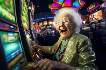 Obraz premium Happy grandmother play lot machines. Beautiful illustration picture. Generative AI