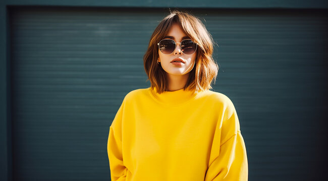 Girl in an yellow sweatshirt wear sunglasses. Generative AI.