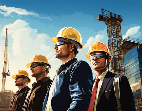 Illustration of Labor Day poster construction team, workers for safety. USA Labor Day celebration. Generative AI.