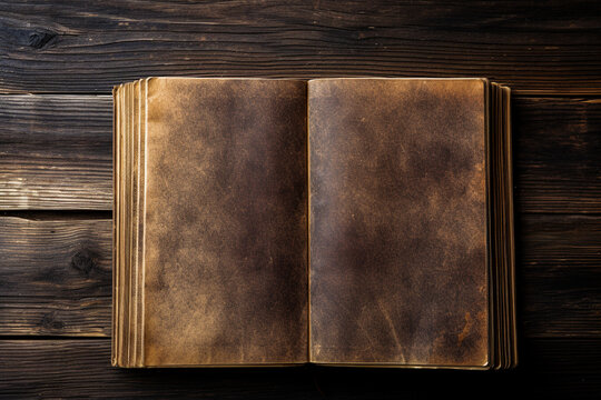 Old vintage book open on dark wood background with space for text. vintage style. Generative AI.
