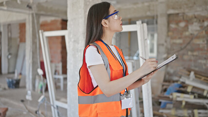 Young chinese woman builder writing construction report on checklist at construction site