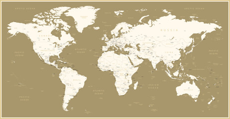 World map. Highly detailed map of the world with detailed borders of all countries, cities and bodies of water. Vector map in brown colors.