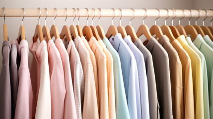Clothes on clothing rack.  Pastel colorful closet in shop