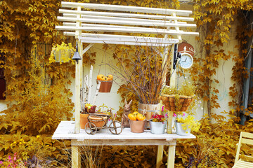 House decorated for autumn holidays. Halloween decorations. 