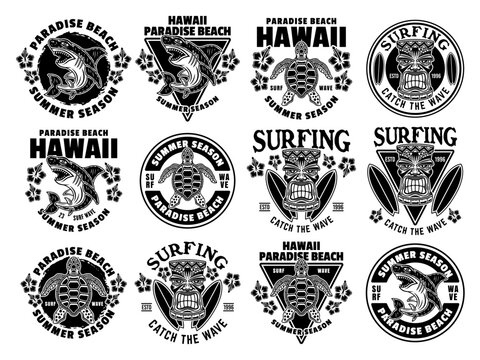 Surfing and summer vacation set of vector emblems, labels, badges or t-shirt prints in vintage monochrome style on white background