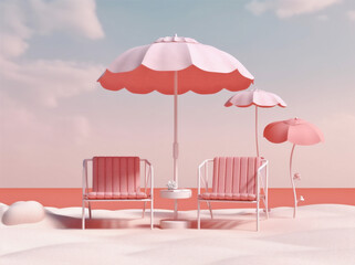 summer vacation retro sand chair sun pink parasol umbrella holiday. Generative AI.