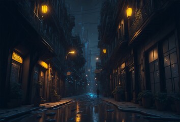 Fototapeta na wymiar Cyberpunk style city street at night in Dark night background
