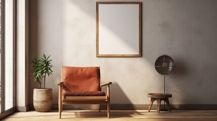 Generative AI, Poster frame mockup in beige and brown living room interior, wabi sabi minimalism style