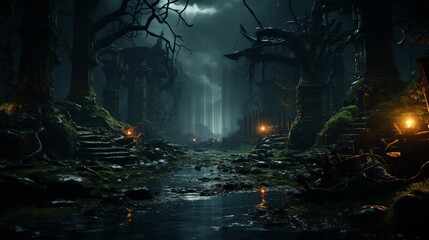 Gloomy fantasy forest scene at night with glowing lights.