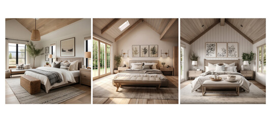 rustic modern farmhouse bedroom interior design - obrazy, fototapety, plakaty