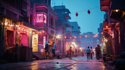 street photography view of illuminated homes and streets during the Diwali festival