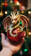 Generative AI, hands holding dragon shaped christmas tree toy, new year, symbol of 2024, postcard, home decor, fairy tale, traditional