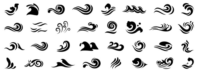 Wave shapes collection. Set of sea wave logo in black. Water wave icons collection - obrazy, fototapety, plakaty