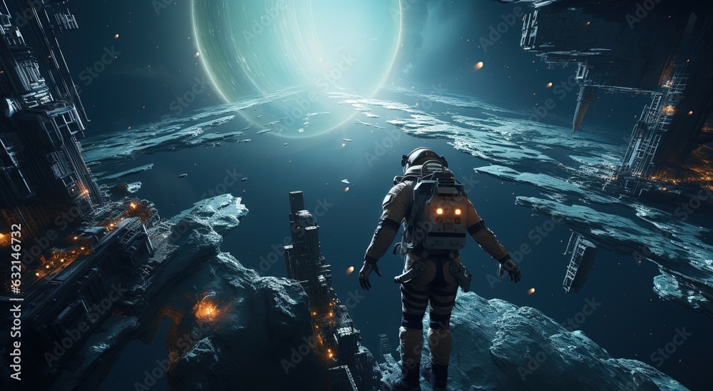Wall mural an astronaut on an alien planet in front of the light of the space-time portal. exploration of the s