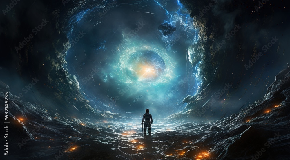 Wall mural an astronaut on an alien planet in front of the light of the space-time portal. exploration of the s