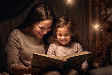 Mom and daughter are reading a book. Love and parenthood. Educate and spend time with your child.