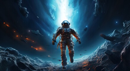 An astronaut on an alien planet in front of the light of the space-time portal. exploration of the science fiction universe.