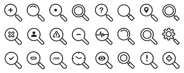 Magnifying glass loupe icon collection. Set of black magnifying glass signs. Search, zoom, look, find symbol collection