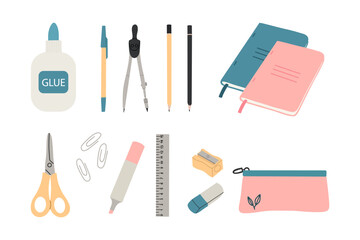 Hand draw stationery elements.Accessories for study,pencils,notebook,markers,scissors,pencil case.