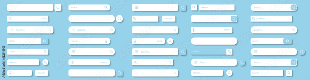 Aufkleber Search bar, search boxes collection with shadow. Set of search bar elements for browser with text field and search button. Search bar frame with magnifier icon