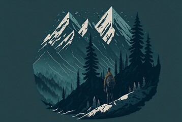 A man Alone adventure trekking up a majestic Snow mountains with dark backgound.