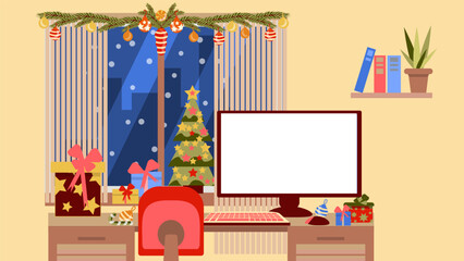 Screen template on the monitor for your text. Editable mockup for Christmas and New Year banners, posters. The desktop is beautifully decorated for the winter holidays.