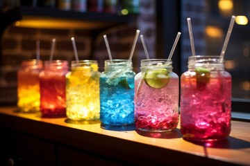 Colorful cocktails in jar with ice on the beach bar table close-up - obrazy, fototapety, plakaty