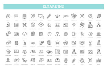 E-learning, online education elements. Vector line symbols