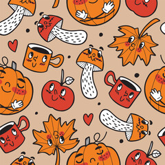 Hand drawn vector seamless pattern with old fashioned retro autumn characters in cartoon design