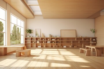 Simple kindergarten classroom interior on the first floor. Back to school concept