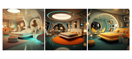 futuristic retro futurism guest room interior design