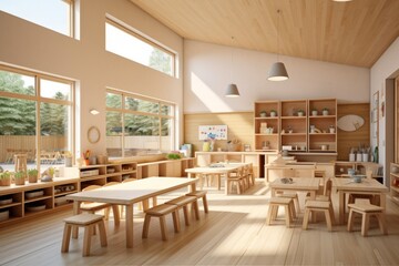 Simple kindergarten classroom interior on the first floor. Back to school concept - obrazy, fototapety, plakaty