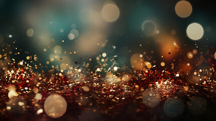 Abstract bokeh background with dark red, green and golden particles