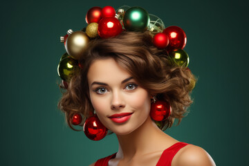 Portrait of a young woman with Christmas ornaments in her hair, against green background. Christmas and new year concept. AI generative, illustration