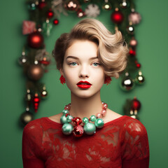 Portrait of a young woman with Christmas ornaments in her hair, against green background. Christmas and new year concept. AI generative, illustration